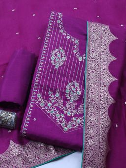 MEENA BAZAAR - Magenta Embroidered Chanderi Unstitched Kurta with Pant and Dupatta
