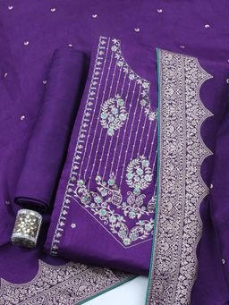 MEENA BAZAAR - Purple Embroidered Chanderi Unstitched Kurta with Pant and Dupatta