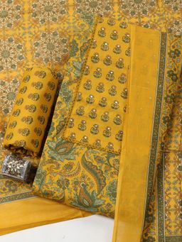 MEENA BAZAAR - Mustard Floral Cotton Unstitched Kurta with Pant and Dupatta