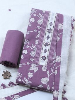 MEENA BAZAAR - Mauve Embroidered Cotton Unstitched Kurta with Pant and Dupatta