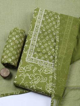 MEENA BAZAAR - Green Floral Cotton Unstitched Kurta with Pant and Dupatta