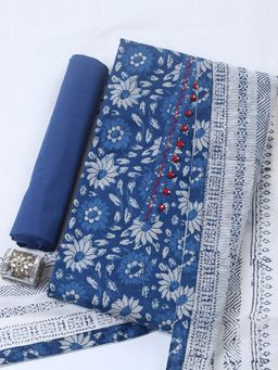 MEENA BAZAAR - Blue Floral Cotton Unstitched Kurta with Pant and Dupatta