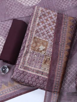 MEENA BAZAAR - Wine Embroidered Chanderi Unstitched Kurta with Pant and Dupatta