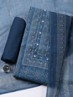 MEENA BAZAAR - Blue Embroidered Linen Unstitched Kurta with Pant and Dupatta