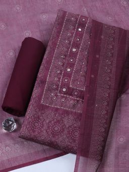 MEENA BAZAAR - Wine Embroidered Linen Unstitched Kurta with Pant and Dupatta