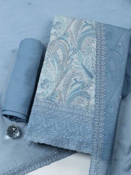 MEENA BAZAAR - Blue Embroidered Chanderi Unstitched Kurta with Pant and Dupatta