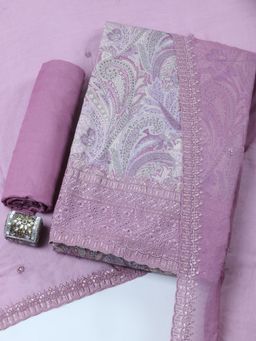 MEENA BAZAAR - Mauve Embroidered Chanderi Unstitched Kurta with Pant and Dupatta