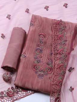 MEENA BAZAAR - Pink Embroidered Art Silk Unstitched Kurta with Pant and Dupatta