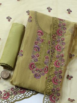 MEENA BAZAAR - Green Embroidered Art Silk Unstitched Kurta with Pant and Dupatta