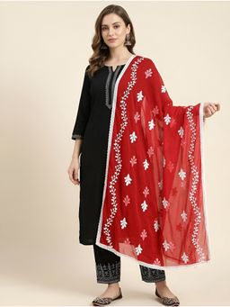 MUFFLY - Embroidered Buti Work Nazneen Chiffon Red Ethnic Dupatta