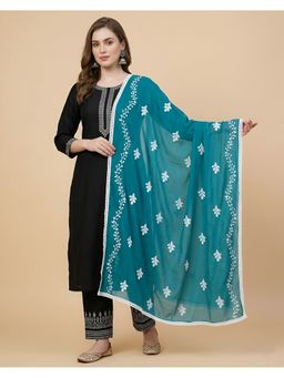 MUFFLY - Embroidered Buti Work Nazneen Chiffon Teal Ethnic Dupatta