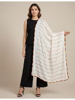 MUFFLY - White Nazneen Chiffon Striped Embroidered with Tassel Border Dupatta