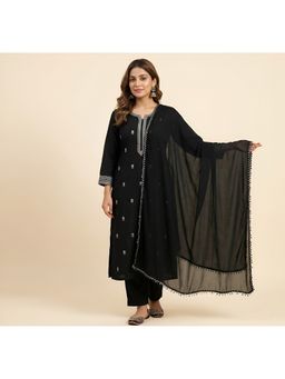 MUFFLY - Black Elegant Solid Nazneen Chiffon with Lace Border Dupatta