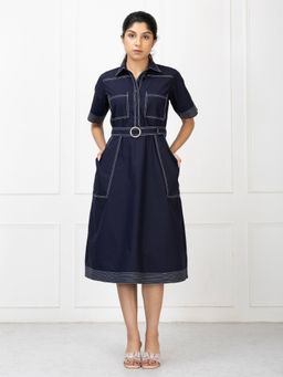 etre comfortwear - Navy Blue Cotton Blend A-Line Dress