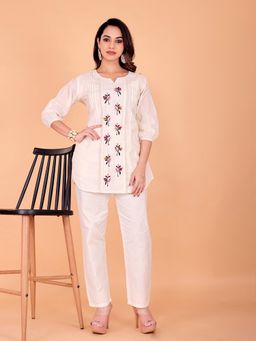 SURILI - Off-White Khadi Cotton Embroidery Ethnic Co-Ord Set
