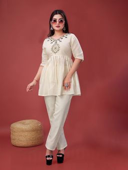 SURILI - Off-White Khadi Cotton Embroidery Ethnic Co-Ord Set