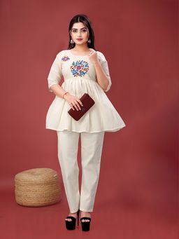SURILI - Off-White Khadi Cotton Embroidery Ethnic Co-Ord Set