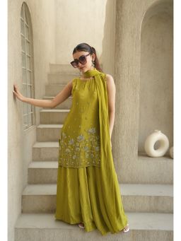 ORIBHA - Green Crepe Embroidered Kurti with Sharara and Dupatta