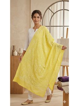PARAMOUNT CHIKAN - Yellow Hand Embroidered Cotton Chikankari Dupatta