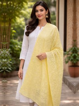 PARAMOUNT CHIKAN - Yellow Hand Embroidered Cotton Chikankari Dupatta
