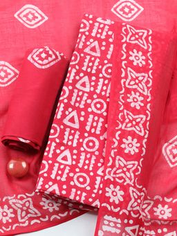 MEENA BAZAAR - Red Printed Cotton Unstitched Kurta with Pant and Dupatta