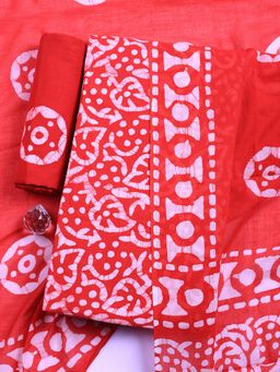 MEENA BAZAAR - Red Printed Cotton Unstitched Kurta with Pant and Dupatta