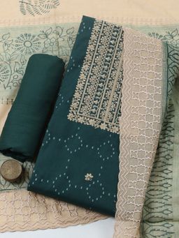 MEENA BAZAAR - Green Embroidered Cotton Unstitched Kurta with Pant and Dupatta