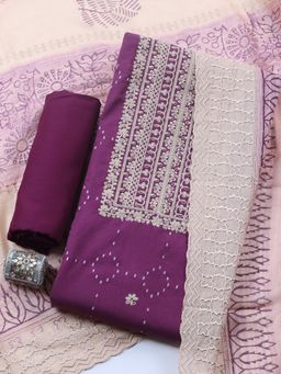 MEENA BAZAAR - Magenta Embroidered Cotton Unstitched Kurta with Pant and Dupatta