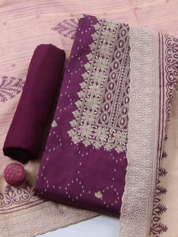 MEENA BAZAAR - Purple Embroidered Cotton Unstitched Kurta with Pant and Dupatta