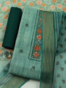 MEENA BAZAAR - Green Floral Cotton Unstitched Kurta with Pant and Dupatta