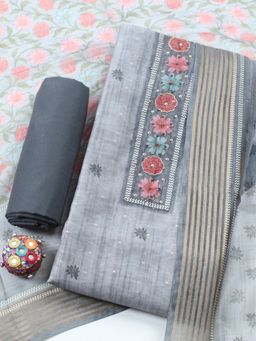 MEENA BAZAAR - Grey Floral Cotton Unstitched Kurta with Pant and Dupatta