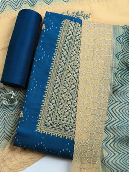 MEENA BAZAAR - Blue Embroidered Cotton Unstitched Kurta with Pant and Dupatta