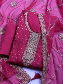 MEENA BAZAAR - Magenta Embroidered Art Silk Unstitched Kurta with Pant and Dupatta