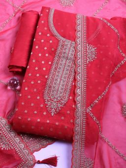 MEENA BAZAAR - Pink Embroidered Art Silk Unstitched Kurta with Pant and Dupatta