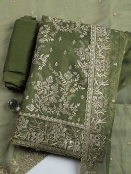MEENA BAZAAR - Green Embroidered Art Silk Unstitched Kurta with Pant and Dupatta