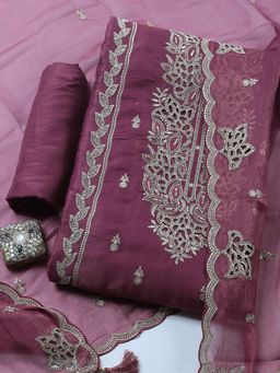 MEENA BAZAAR - Pink Embroidered Art Silk Unstitched Kurta with Pant and Dupatta