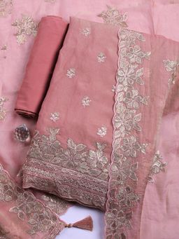 MEENA BAZAAR - Peach Embroidered Organza Unstitched Kurta with Pant and Dupatta