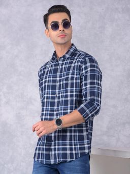 CRIMSOUNE CLUB - Mens Navy Blue Checks Cotton Shirt