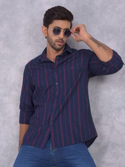 CRIMSOUNE CLUB - Mens Navy Blue Vertical Stripes Cotton Shirt