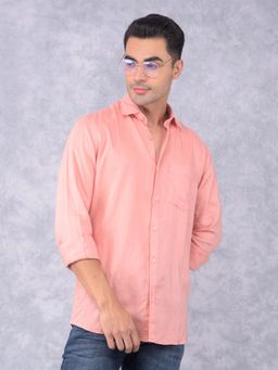 CRIMSOUNE CLUB - Mens Peach Solid Linen Shirt
