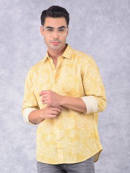 CRIMSOUNE CLUB - Mens Yellow Floral Print Linen Shirt