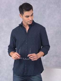 CRIMSOUNE CLUB - Mens Navy Blue Checks Printed Cotton Shirt