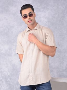 CRIMSOUNE CLUB - Mens Beige Textured Linen Shirt