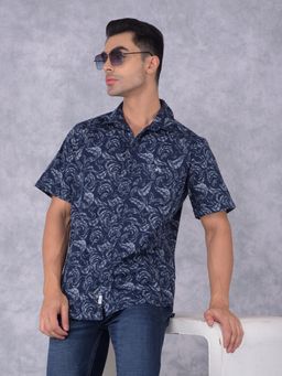CRIMSOUNE CLUB - Mens Navy Blue Floral Print Cotton Shirt