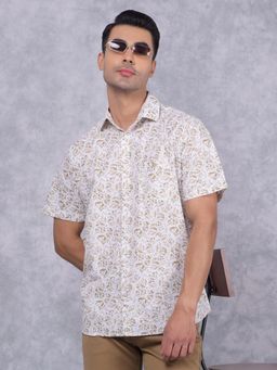 CRIMSOUNE CLUB - Mens Olive Floral Print Cotton Shirt