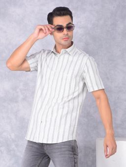 CRIMSOUNE CLUB - Mens Green Vertical Stripes Cotton Shirt