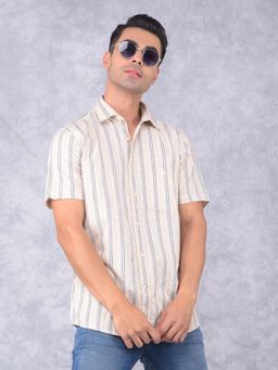 CRIMSOUNE CLUB - Mens Beige Vertical Stripes Cotton Shirt