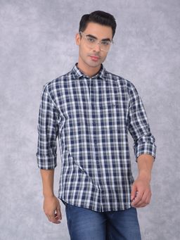 CRIMSOUNE CLUB - Mens Navy Blue Checks Cotton Shirt