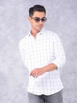 CRIMSOUNE CLUB - Mens White Windowpane Checks Cotton Shirt