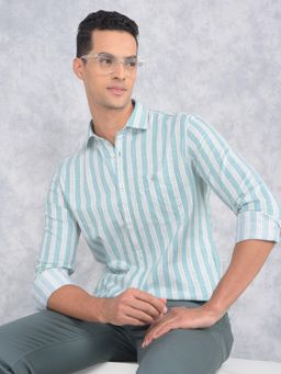 CRIMSOUNE CLUB - Mens Green Vertical Stripes Cotton Shirt
